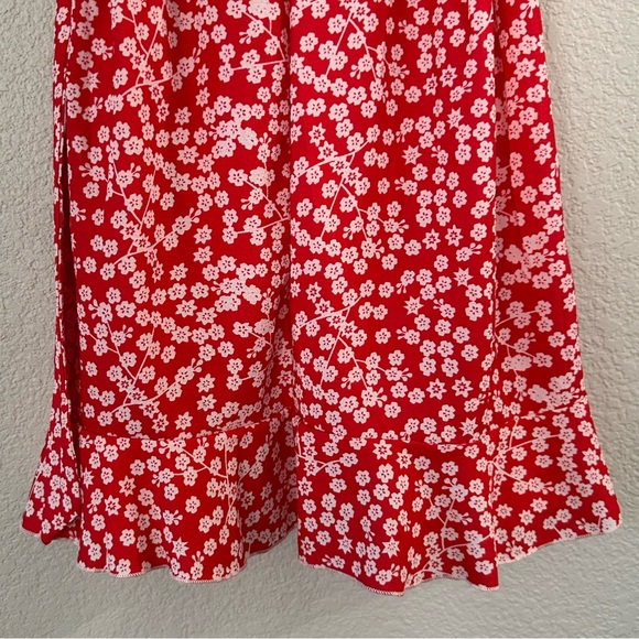 New! Red Floral Deep V Neck Short Sleeve Wrap Tie Waist Ruffle Dress - Picture 12 of 16